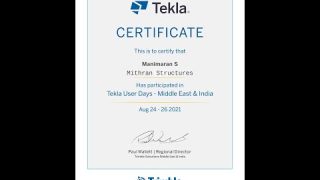 Mithran Structures Participation certificate for Tekla User Day 2021/Approved Tekal Training Centre